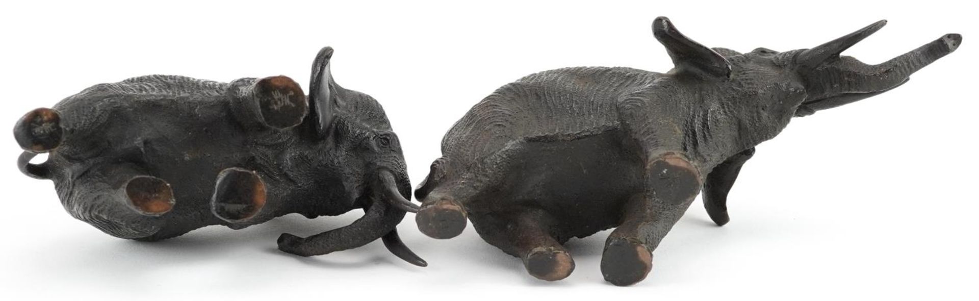 Two Japanese patinated bronze elephants, Meiji period, each with character marks to the feet, the - Image 7 of 10