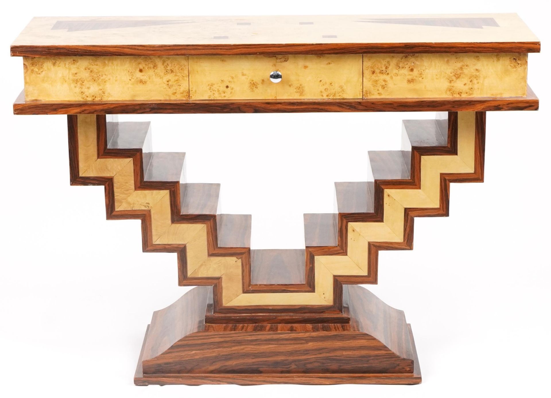Art Deco style walnut and rosewood effect console table with frieze drawer, 84cm H x 120cm W x - Image 2 of 4