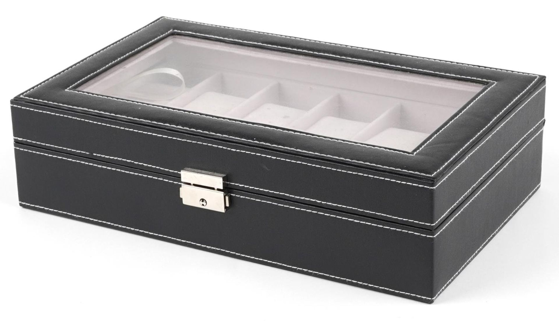 Black leatherette twelve section watch display box, 8.5cm H x 33cm W x 20cm D