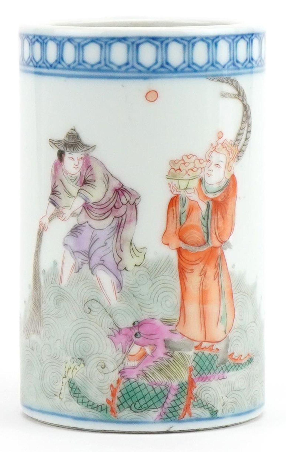 Chinese porcelain cylindrical brush pot hand painted in the famille rose palette with an emperor