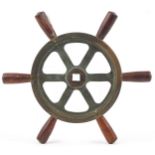 Mid 20th century brass and teak ship's design wheel, 31cm in diameter