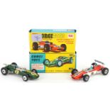 Two vintage Corgi Toys diecast Lotus Climax Formula 1 racing vehicles with boxes comprising