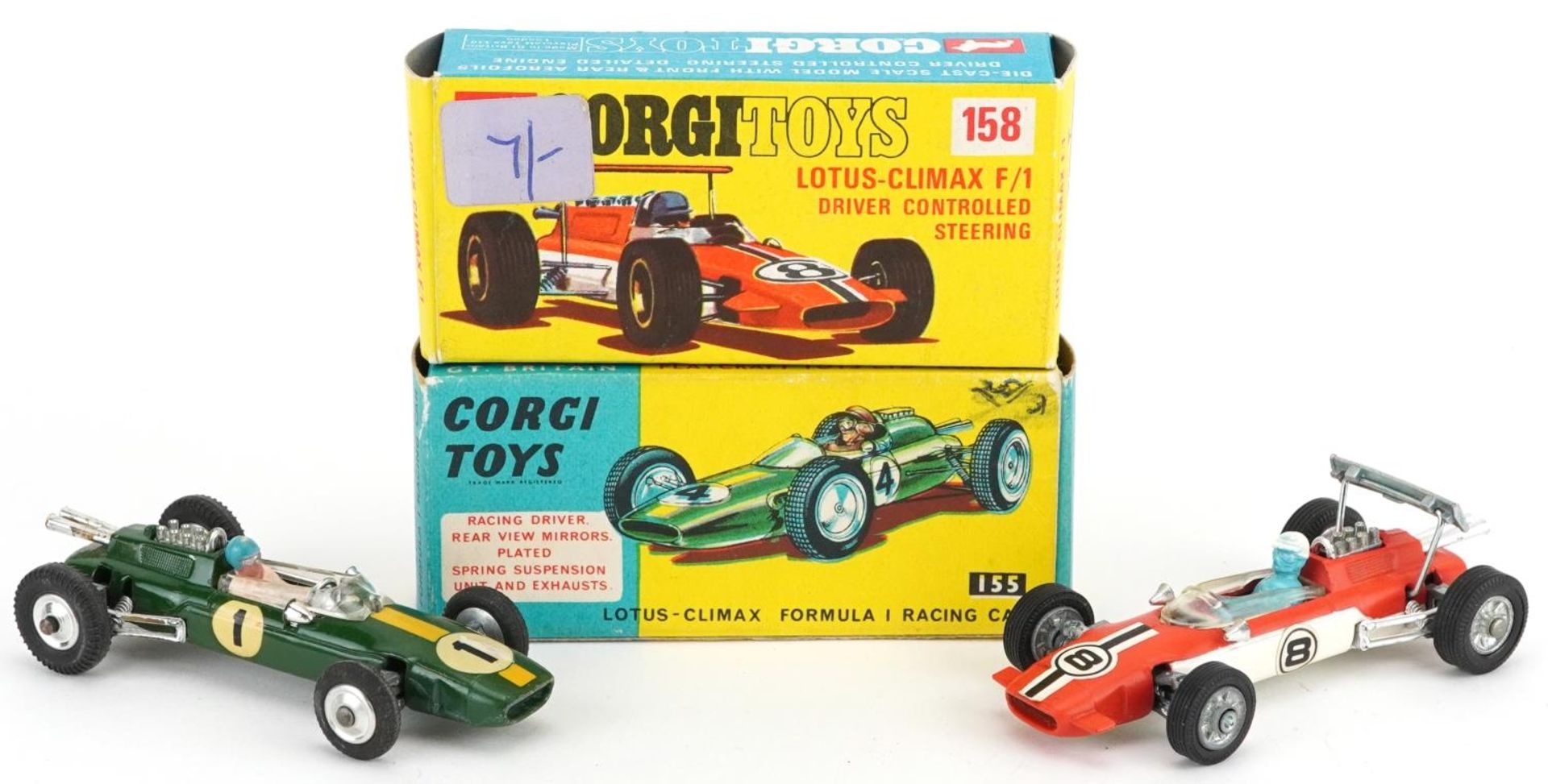 Two vintage Corgi Toys diecast Lotus Climax Formula 1 racing vehicles with boxes comprising