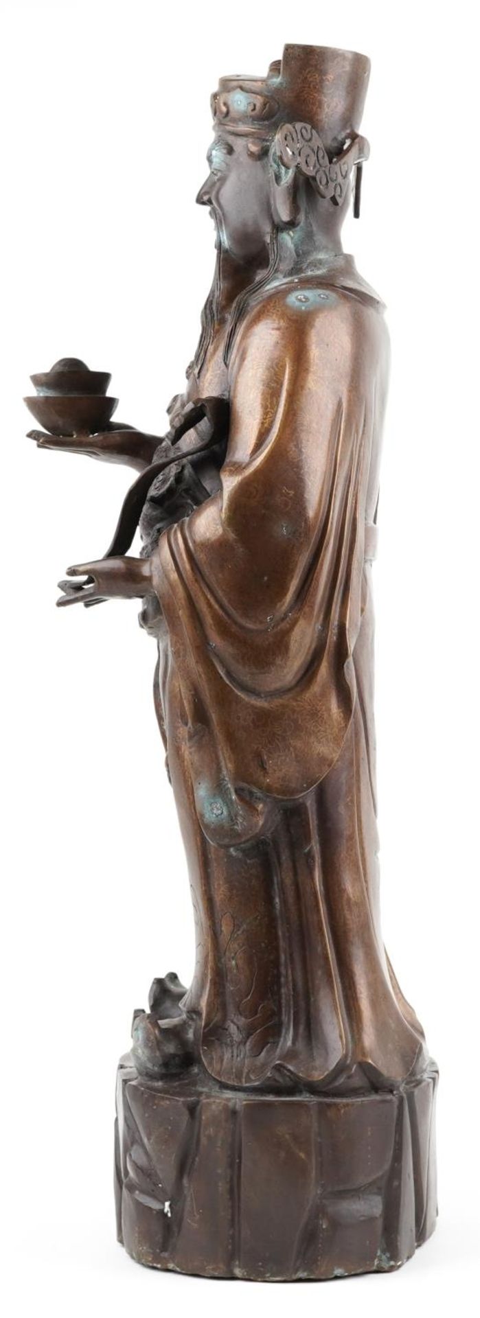 Large Chinese watered bronze figure of a standing emperor holding a ruyi sceptre, 78cm high - Image 4 of 9