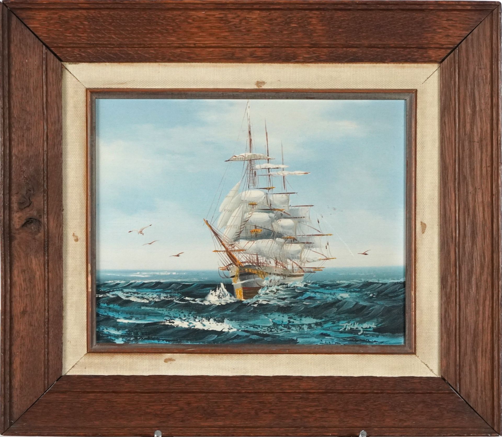 Rigged ship on choppy seas, naval interest oil on canvas, mounted and framed, 24cm x 19cm - Bild 2 aus 4
