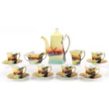Meito, early 20th century Japanese porcelain six place coffee service hand painted with deserts, the