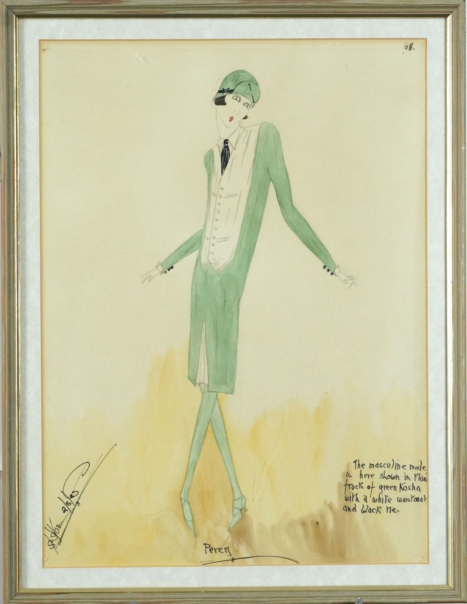 Female wearing a green Kosha frock with white waistcoat and black tie, Art Deco pencil and - Image 2 of 4