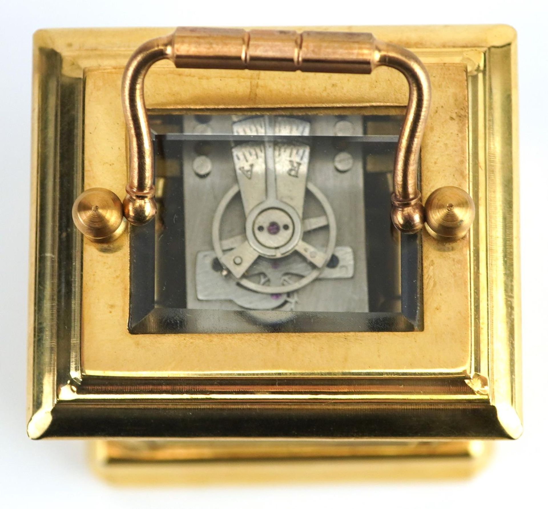 Miniature brass cased carriage clock with swing handle and Sevres style panels hand painted with - Image 4 of 5
