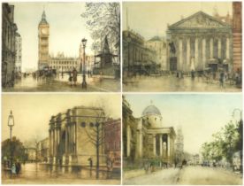 Edward King - London street scenes, set of four pencil signed coloured etchings, mounted, framed and