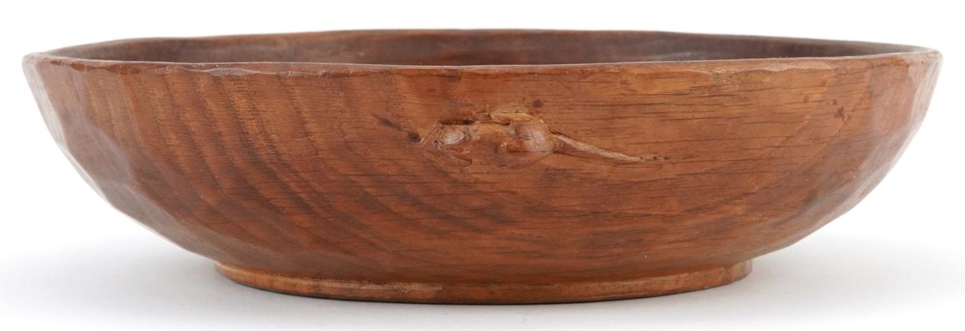 Robert Mouseman Thompson, adzed oak fruit bowl with signature mouse, 26cm in diameter