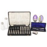 Antique and later silver and white metal sundry items including set of six silver handled knives and