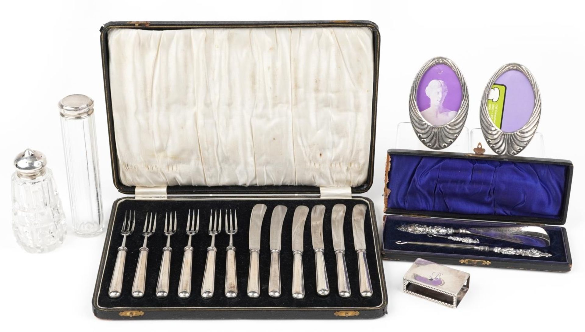 Antique and later silver and white metal sundry items including set of six silver handled knives and