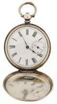 Gentlemen's fine silver key wind full hunter pocket watch having enamelled and subsidiary dials with