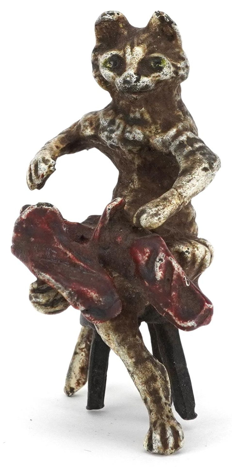 Austrian style cold painted bronze cat seated on a stool, 6cm high