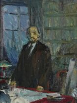 Portrait of a gentleman in his study, Russian school oil on board, inscribed verso, mounted and