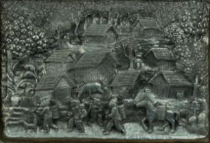 Thai white metal plaque profusely decorated in relief with figures before a village, mounted and