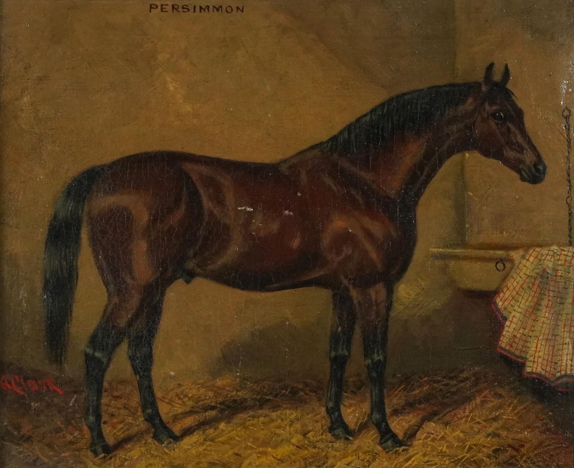 Albert Clark - Persimmon, bay racehorse in a stable, 19th century oil on canvas, mounted and framed - Bild 2 aus 4