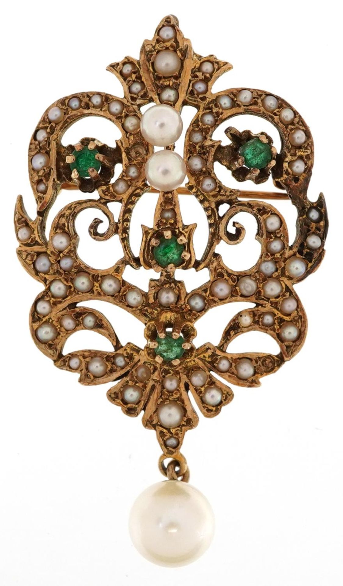 Antique European 14K gold Belle Epoque emerald, seed pearl and cultured pearl pendant brooch, 5cm
