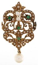 Antique European 14K gold Belle Epoque emerald, seed pearl and cultured pearl pendant brooch, 5cm