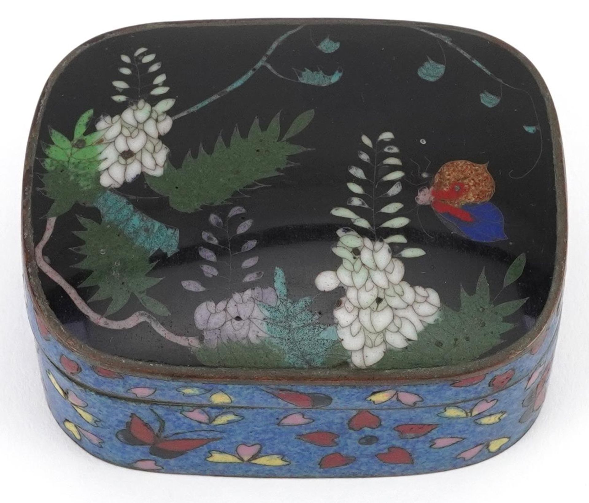 Japanese cloisonne box and cover enamelled with butterflies amongst flowers, 7.5cm wide - Bild 3 aus 8