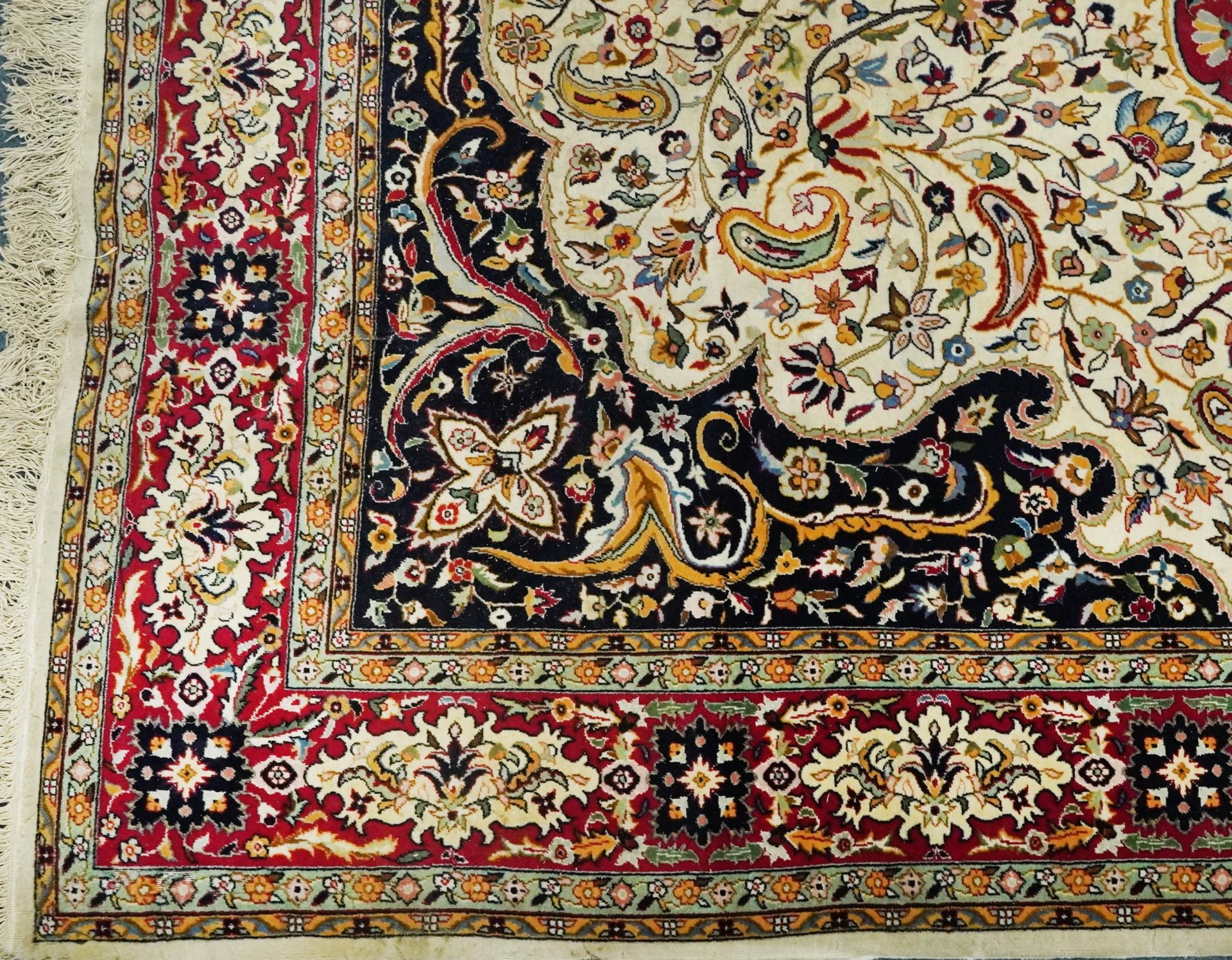 Rectangular Persian cream and red ground rug having an all over repeat floral design, 370cm x 270cm - Image 8 of 12