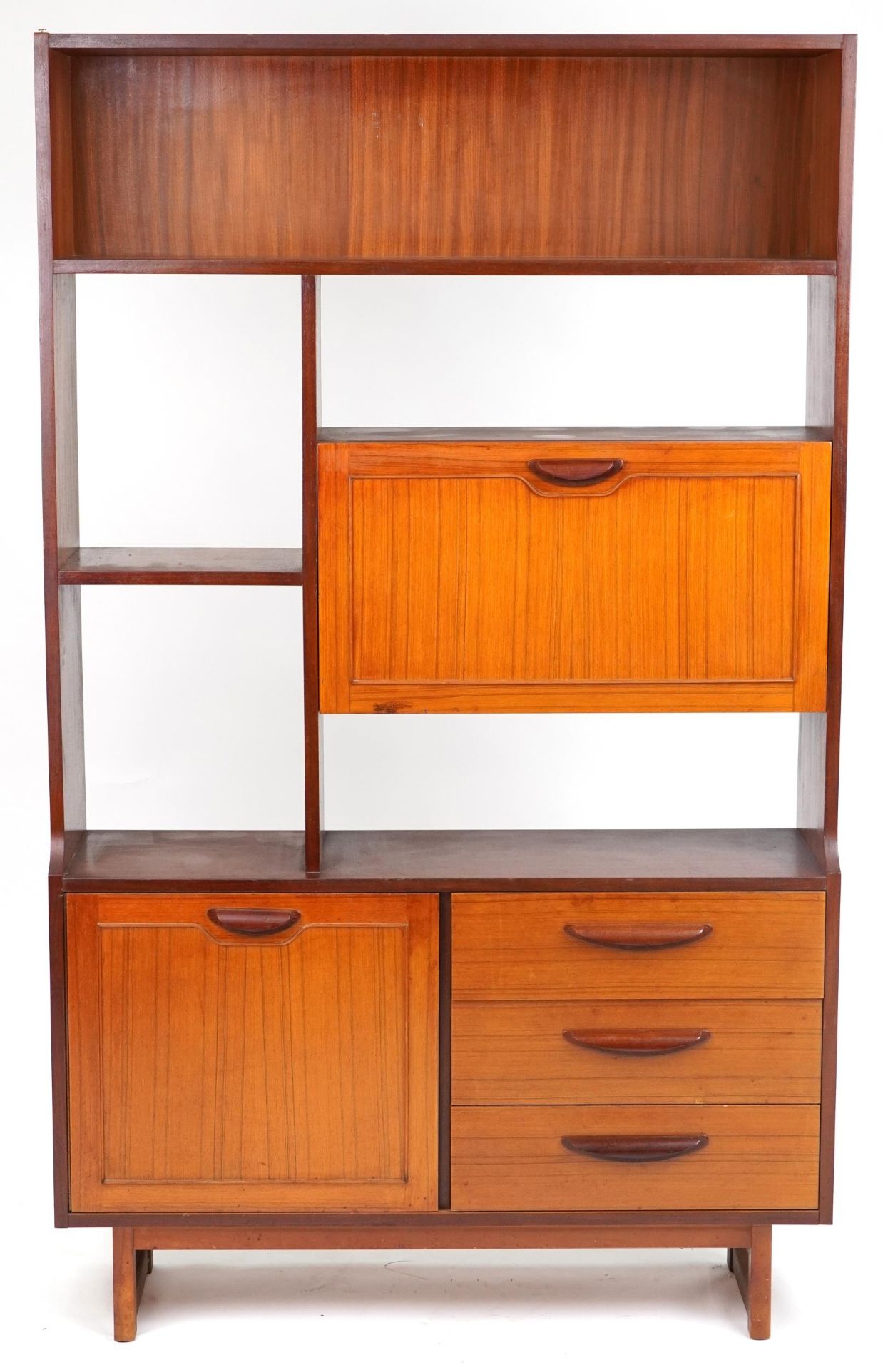 Mid century Stonehill teak room divider fitted with an arrangement of cupboards and drawers, 177cm H