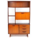 Mid century Stonehill teak room divider fitted with an arrangement of cupboards and drawers, 177cm H