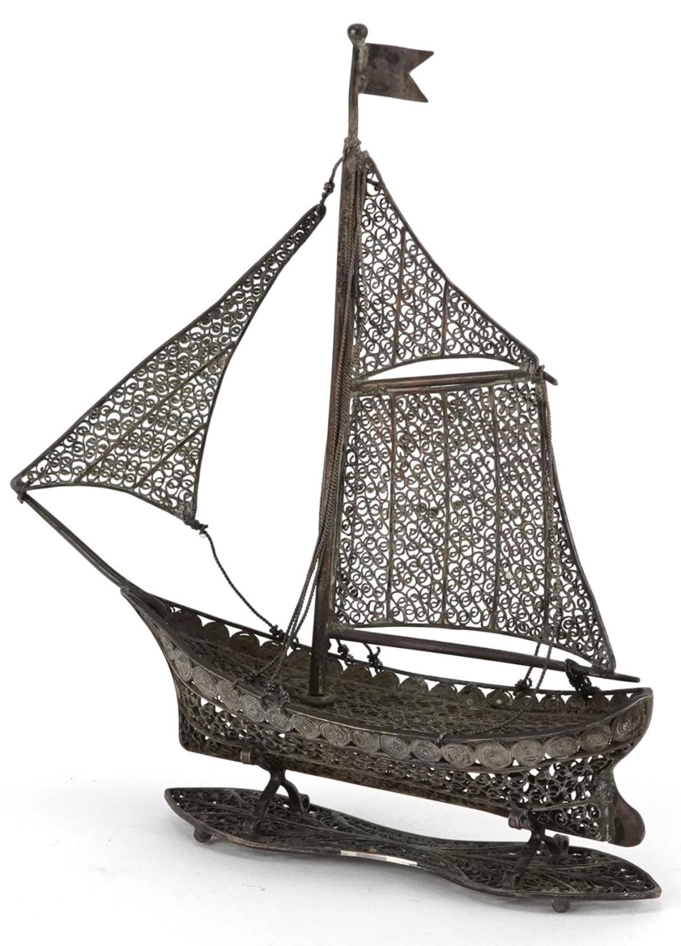 Maltese unmarked silver filigree model of a sailing boat, 13cm high, 54.5g - Image 2 of 3