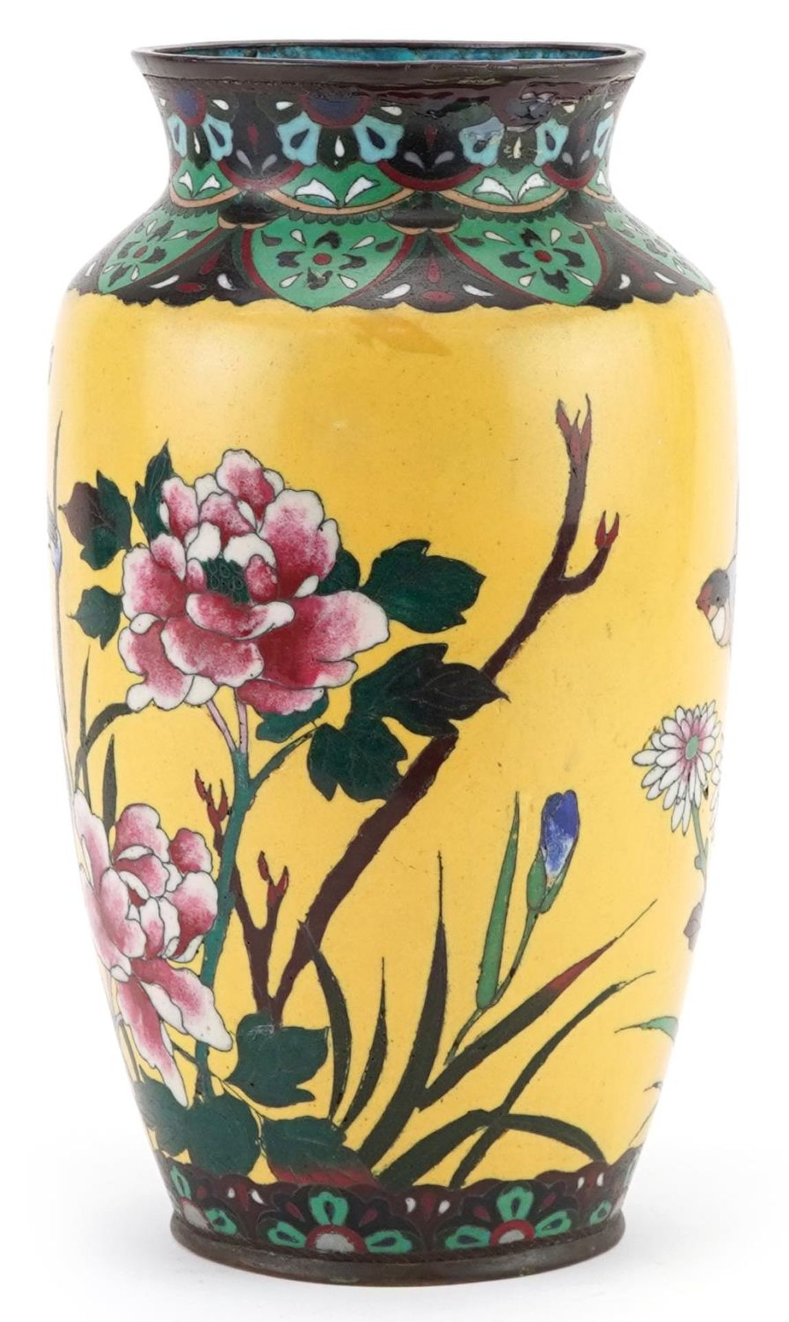 Japanese yellow ground cloisonne vase enamelled with a bird amongst flowers, 24.5cm high - Image 2 of 6