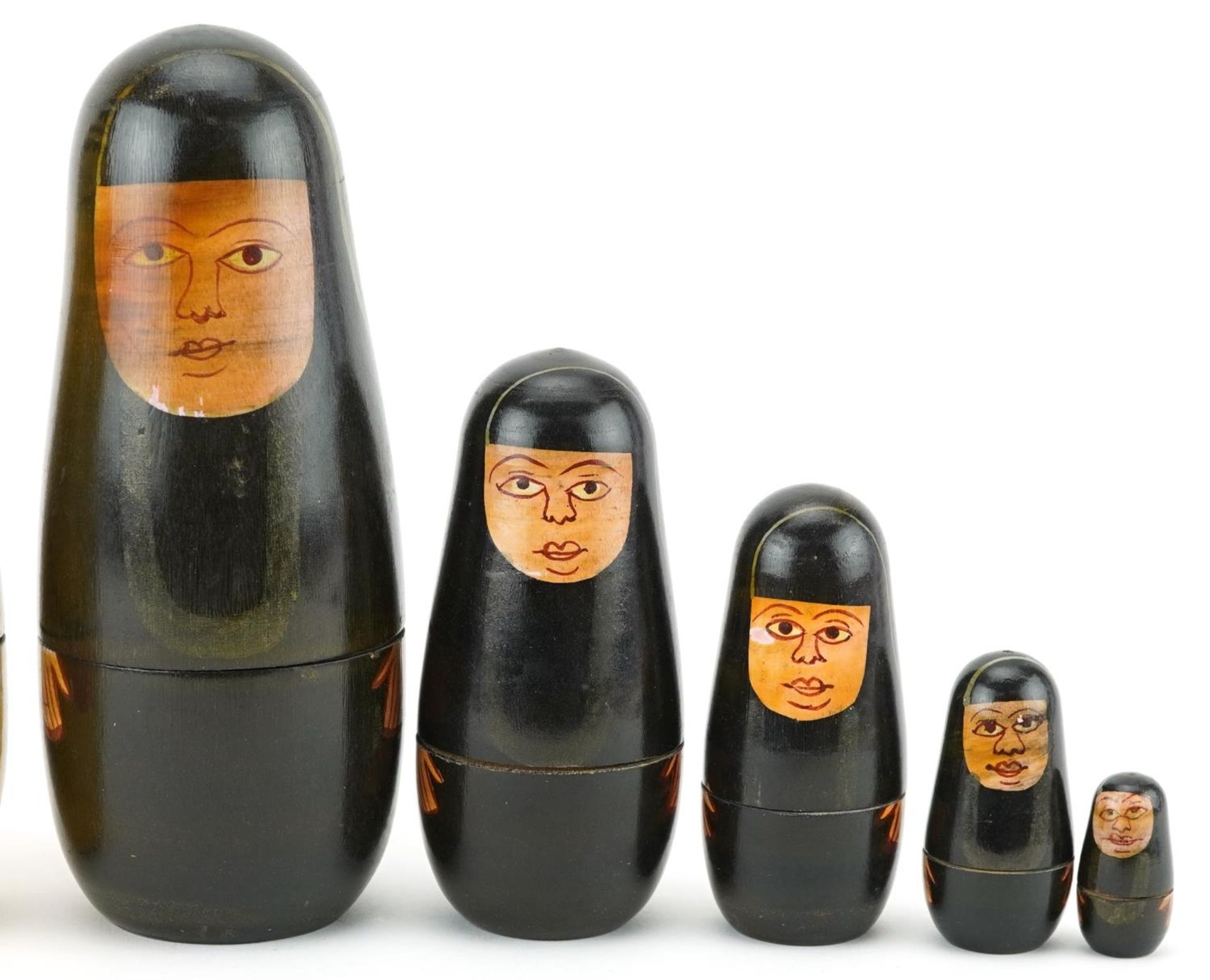 Two vintage Russian lacquered and hand painted wood Matryoshka stacking dolls, each 16cm high - Image 3 of 3