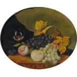 Still life fruit and vessels, oval oil on board, framed, 25.5cm x 21.5cm excluding the frame