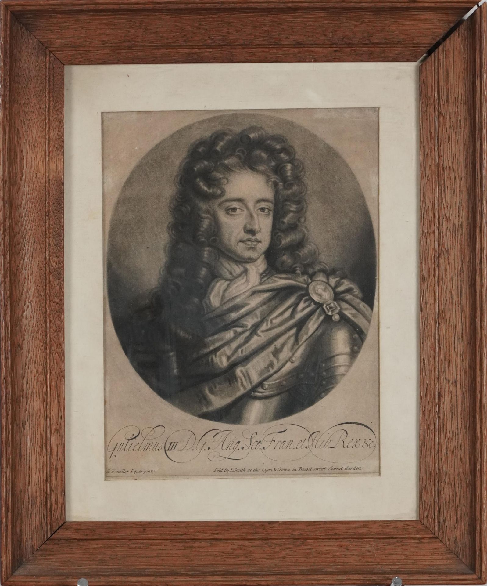 After Sir Godfrey Kneller - Portrait of William III, antique black and white print, sold by I - Image 2 of 5