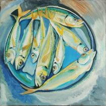 Clive Fredriksson - Fish study, contemporary oil on canvas, unframed 66.5cm x 66.5cm