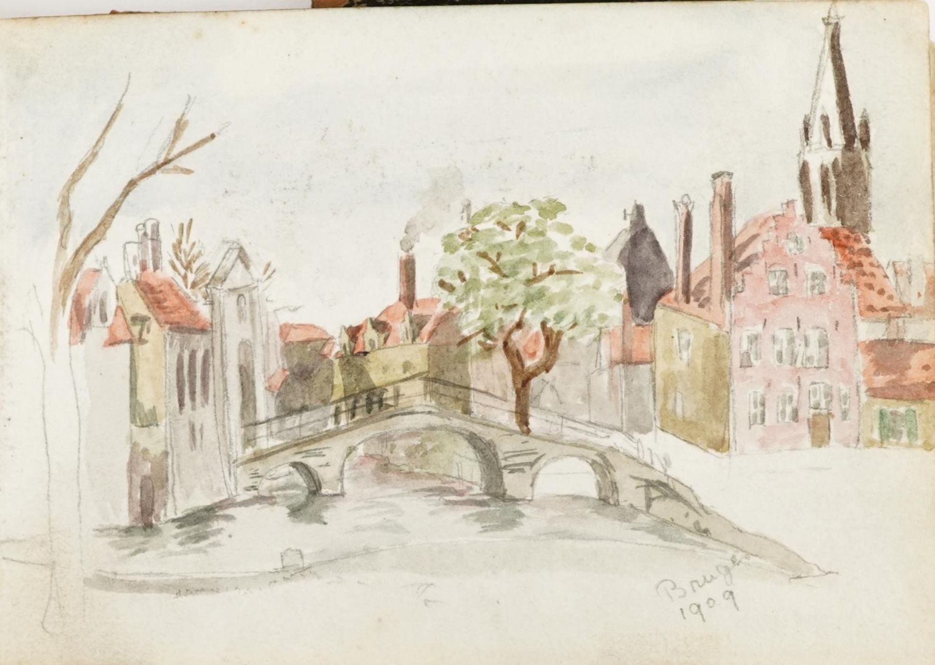 Early 20th century artist's travel sketchbook housing various watercolours and pencil sketches - Image 7 of 15