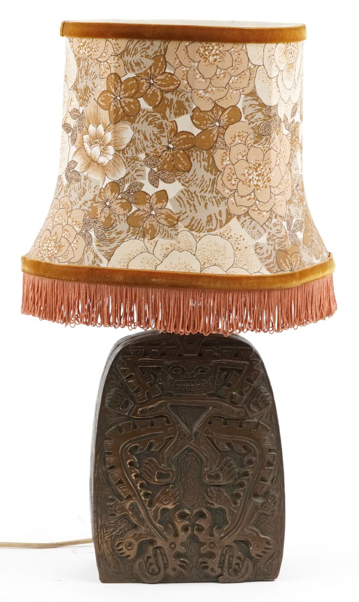 Mid century style cold cast bronze table lamp with shade decorated in relief with mythical - Image 2 of 4