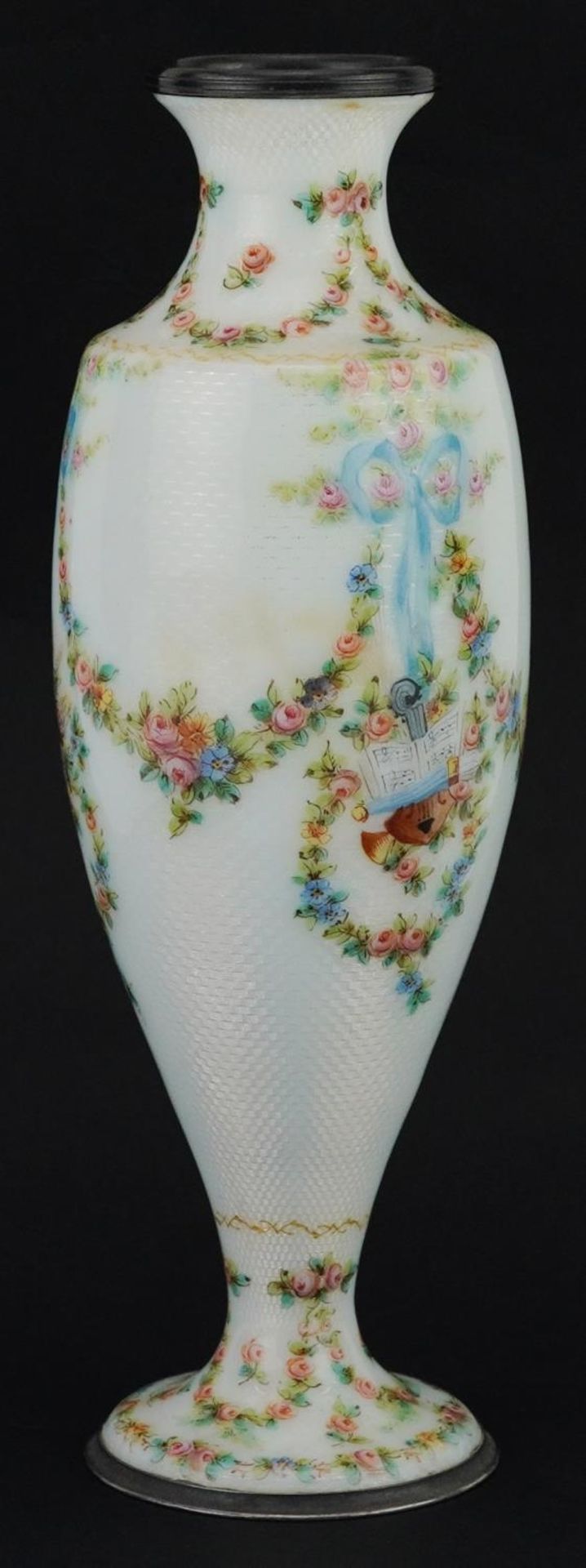 19th century French silver and white guilloche enamel vase finely hand painted with swags, ribbons - Image 2 of 10