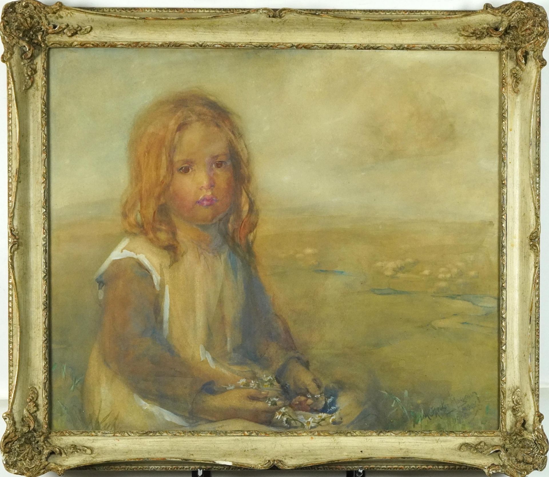 Hannah Clarke Preston MacGoun 1908 - Portrait of a young girl holding a daisy chain, Scottish school - Image 2 of 4