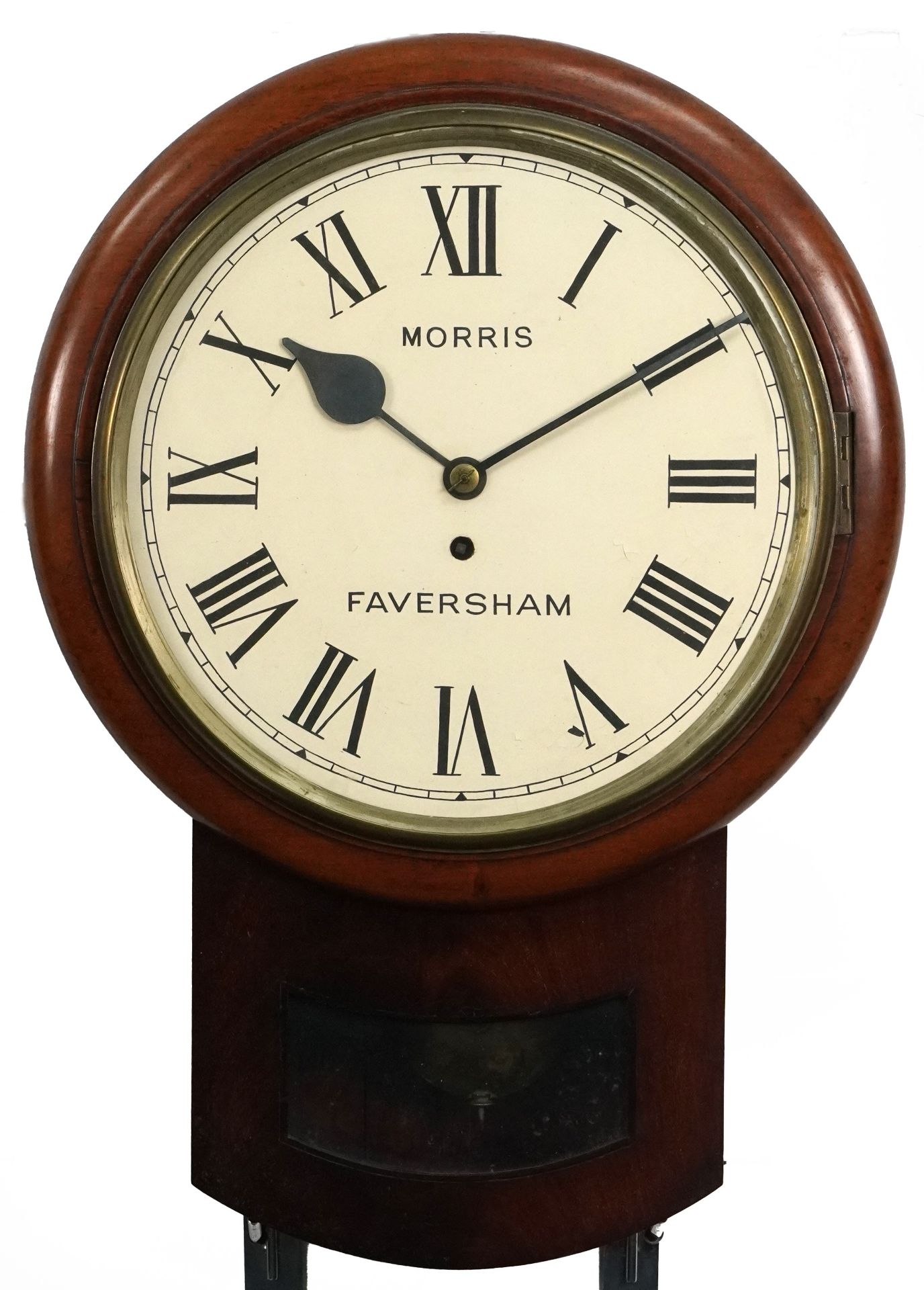 Victorian mahogany fusee drop dial wall clock with circular hand painted dial with Roman numerals