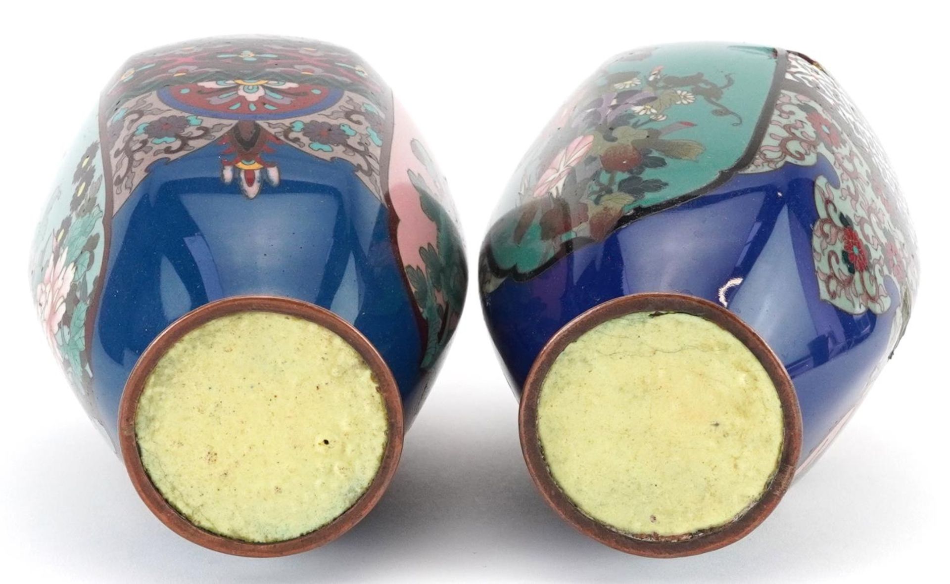 Pair of Japanese cloisonne vases with hexagonal bodies enamelled with panels of flowers, each 18cm - Image 6 of 6
