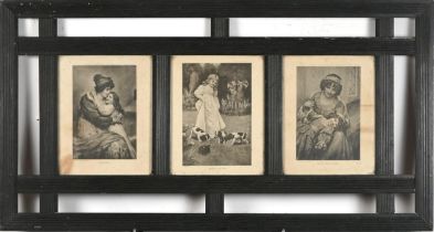 Arts & Crafts painted pine triple frame housing three Pre-Raphaelite style prints titled Whispers,