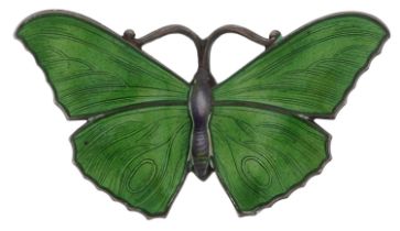 J Aitkin & Son, Art Nouveau sterling silver and green guilloche enamel butterfly brooch numbered