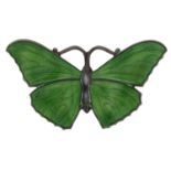 J Aitkin & Son, Art Nouveau sterling silver and green guilloche enamel butterfly brooch numbered