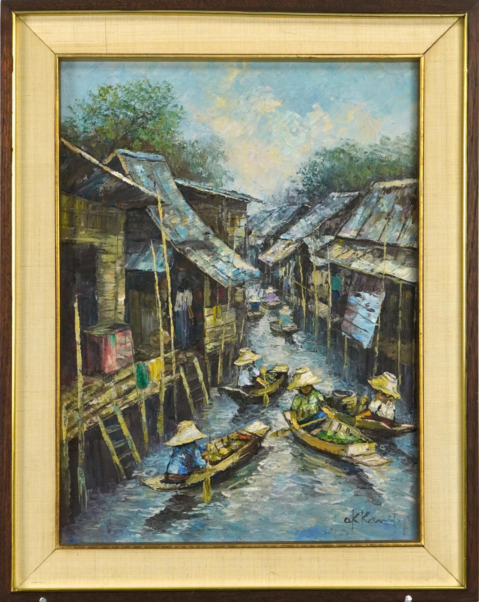 Figures in boats with huts, matched pair of Thai school impressionist oil on canvases, both - Bild 7 aus 9