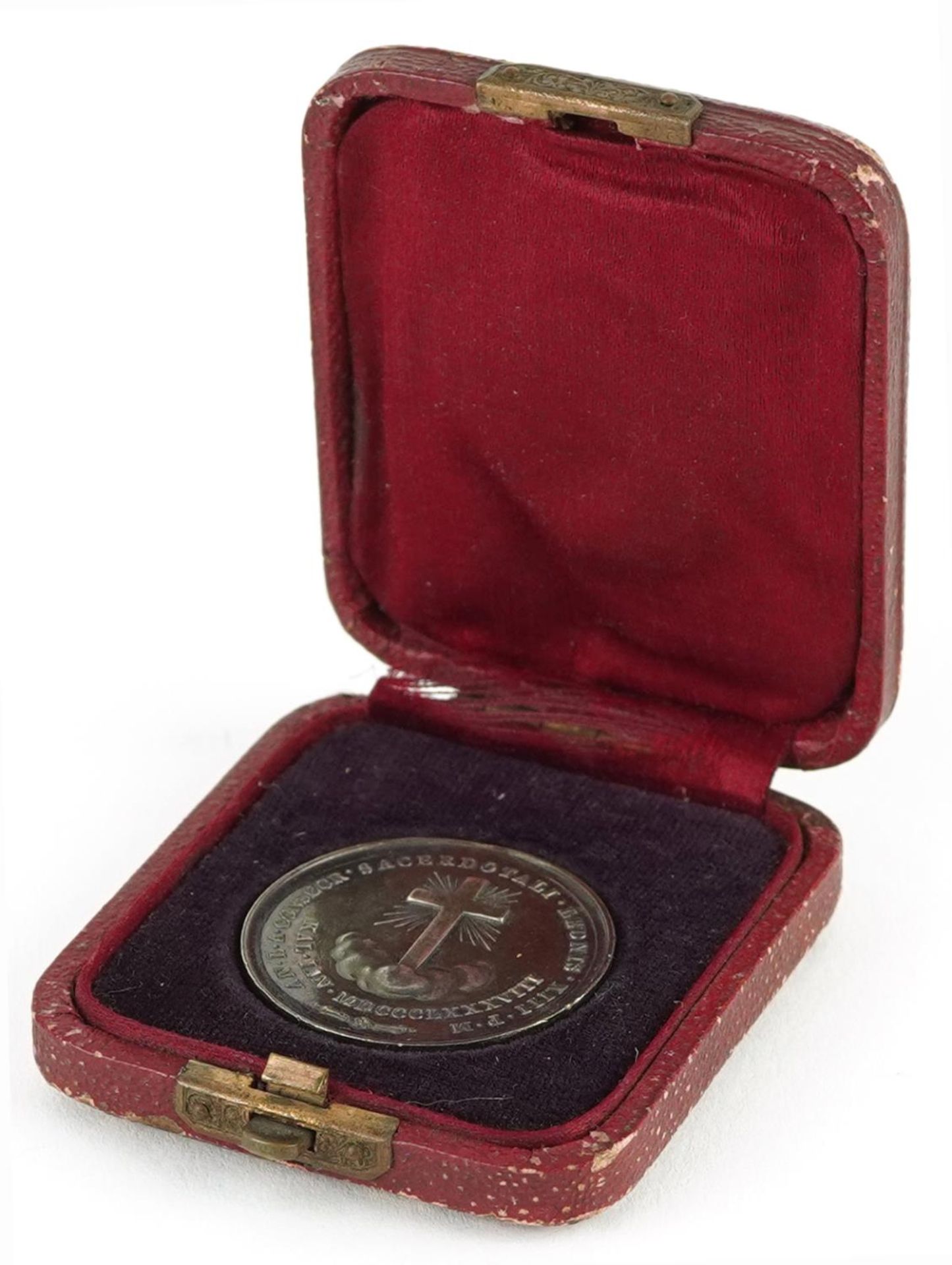 19th century white metal medallion with bust of Leo Pont housed in a silk and velvet lined fitted