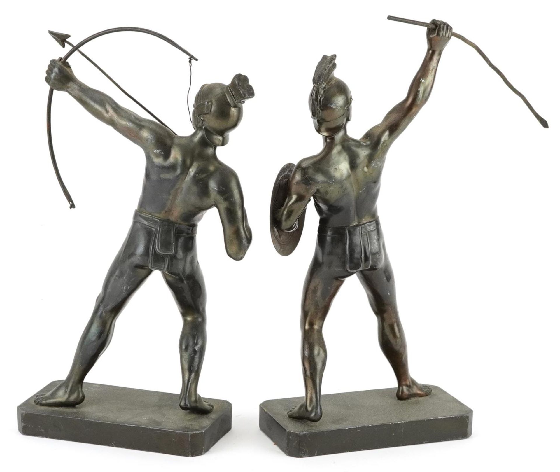 Pair of patinated spelter figures of a Greek archer and warrior, the largest 30cm high - Image 2 of 4