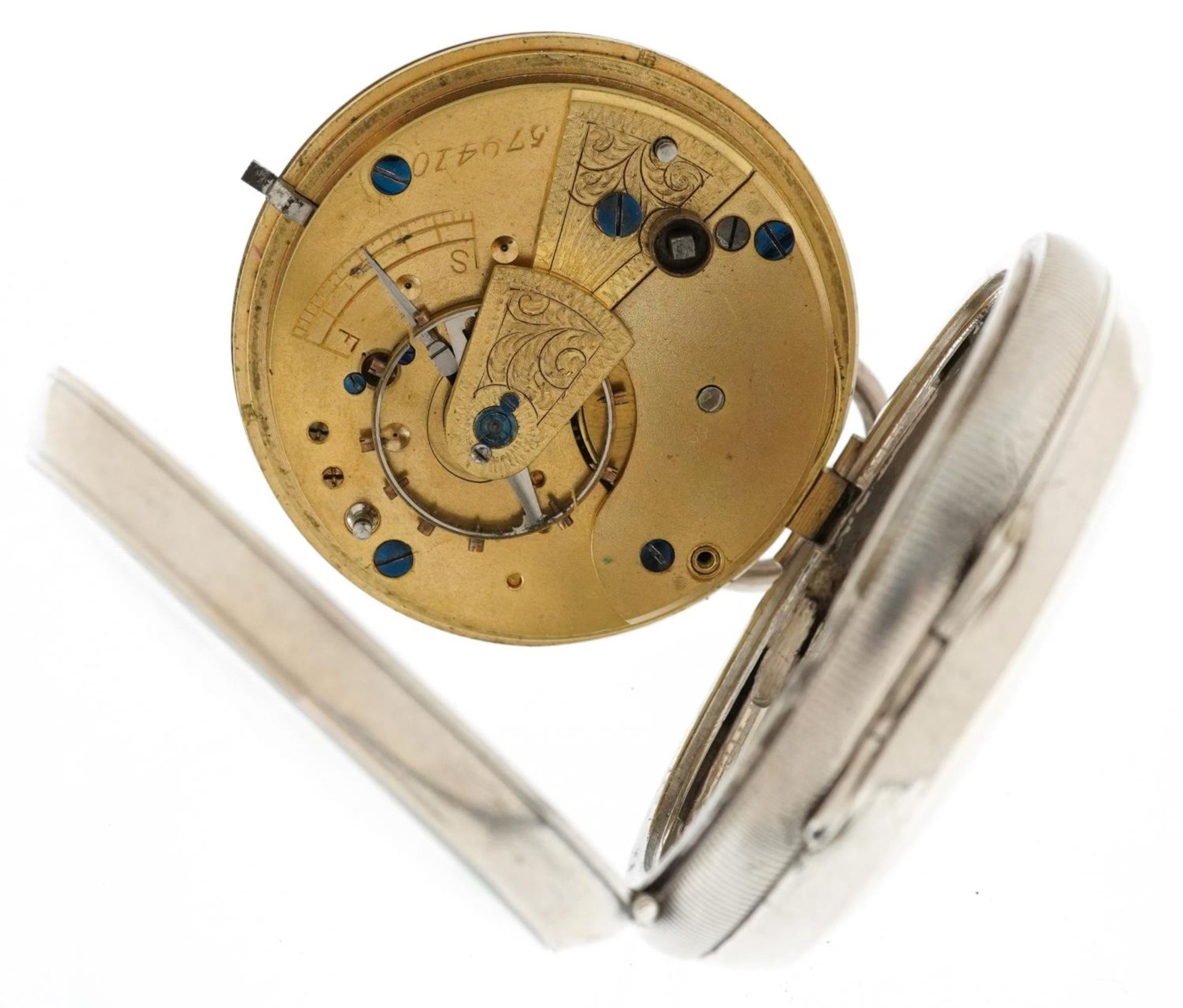 Edwardian gentlemen's silver open face key wind pocket watch having ornate silvered and subsidiary - Bild 3 aus 4
