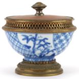 Japanese Nabeshima blue and white porcelain bowl with gilt brass mounts, 11.5cm high