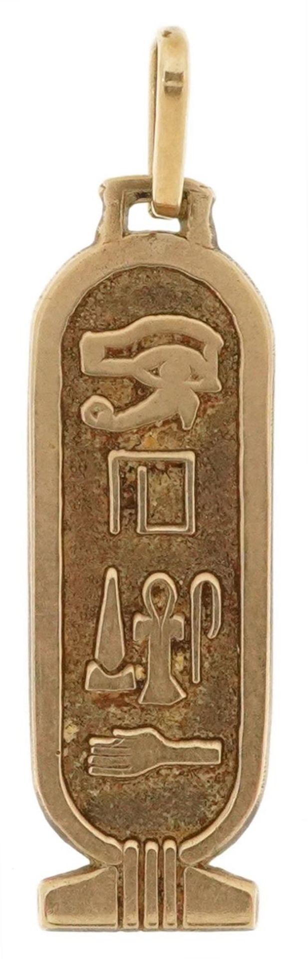 Egyptian Revival 9ct gold pendant cast with hieroglyphics, 3.5cm high, 1.6g