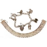 Silver charm bracelet with charms and a silver mesh link bracelet, the largest 18cm in length, total