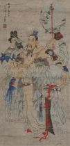 Manner of Ren Bonian - Master served by his maid, Chinese ink and watercolour wall hanging scroll